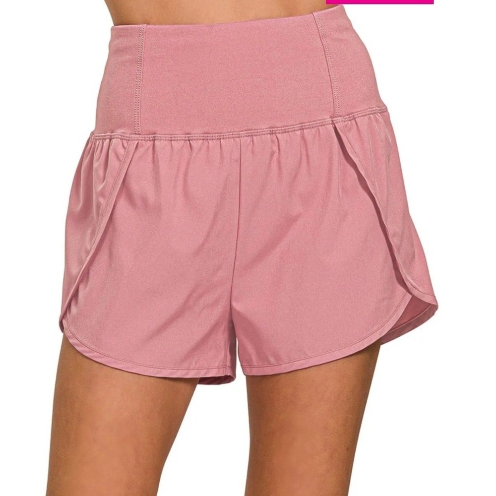 Zenana‎ High Waisted Zippered Back Pocket Running Shorts Light Rose Pink Medium